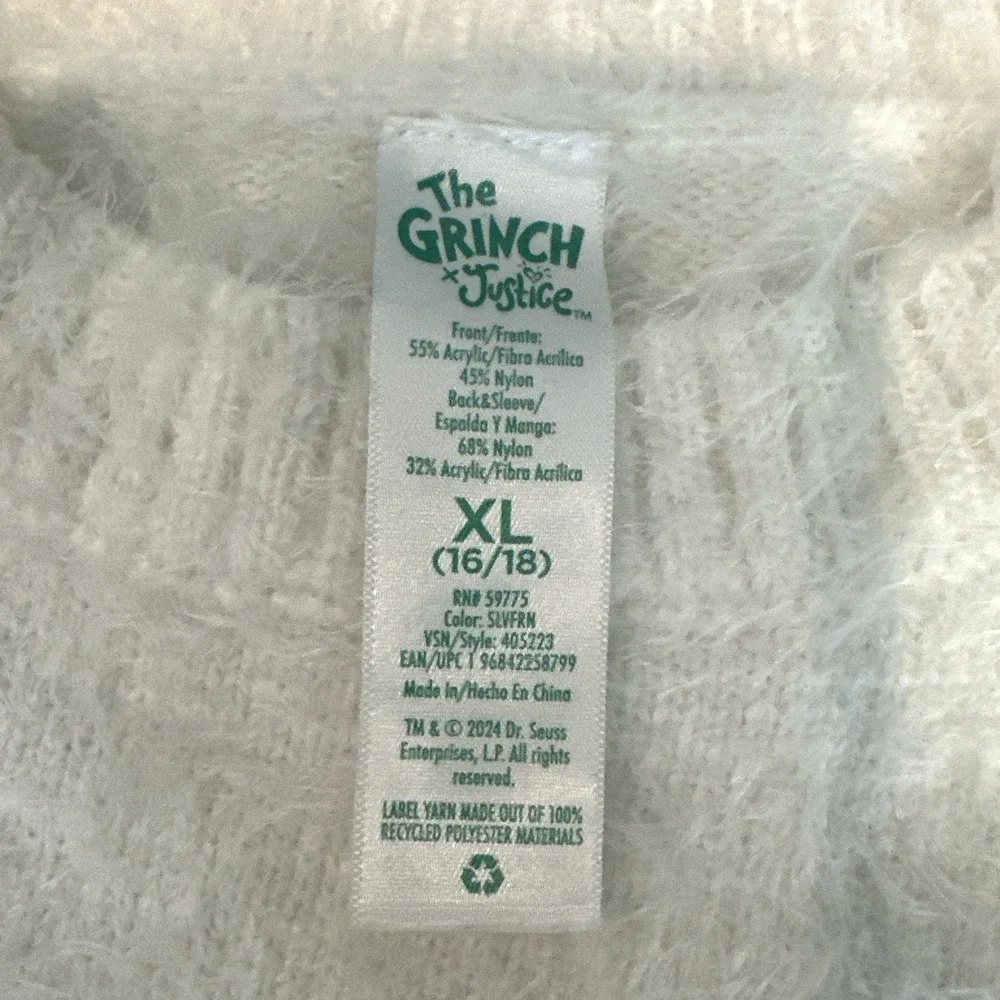 The Grinch by Justice Girls XL 16/18 Fuzzy Knit Christmas Sweater Cream Max Dog